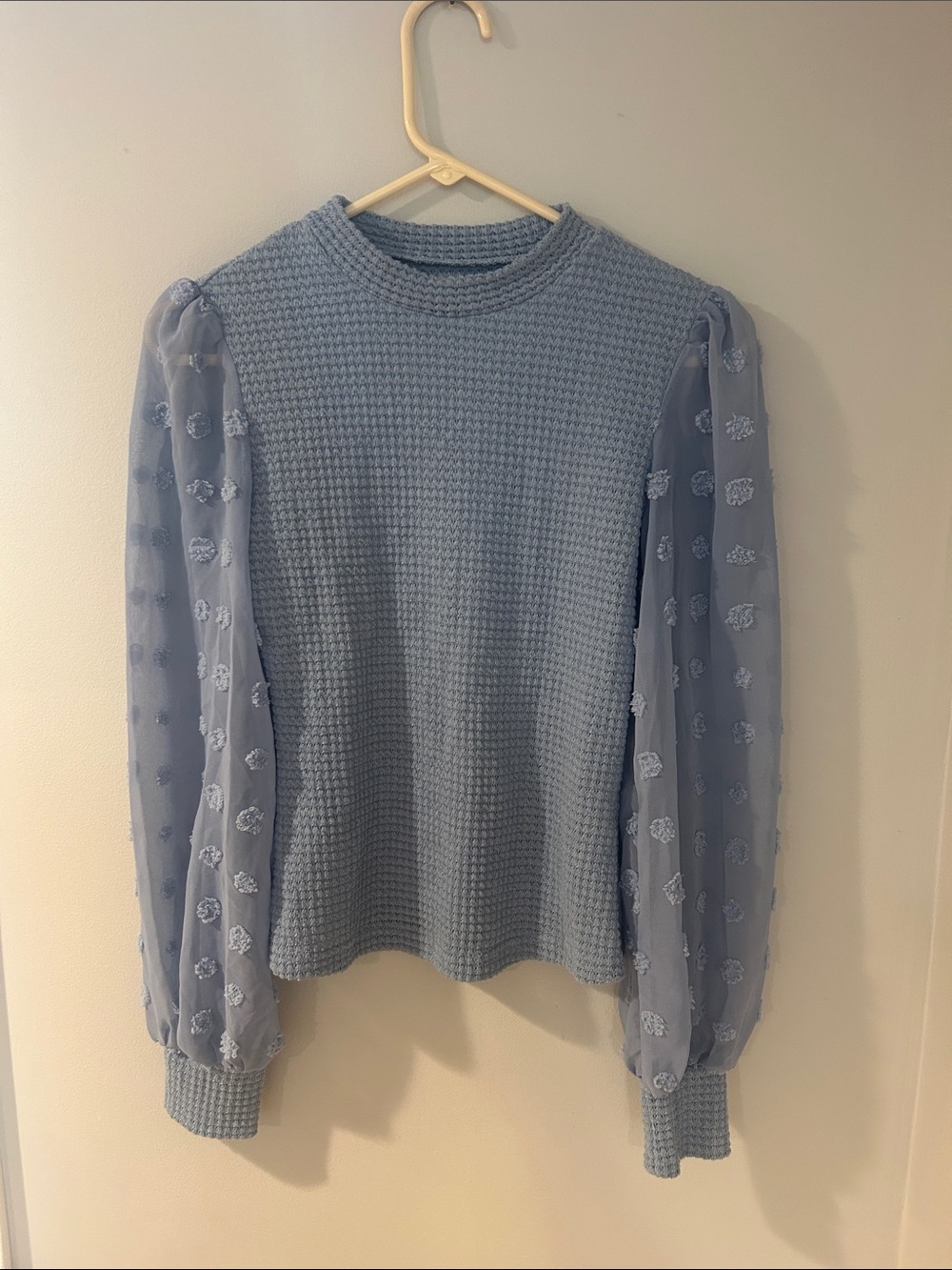 SHEIN Light Blue Textured Knit Sweater with Sheer Embroidered Puff Sleeves